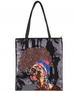 African-American Women Design Reversible Sequin Tote Bag A039GPP BLACK